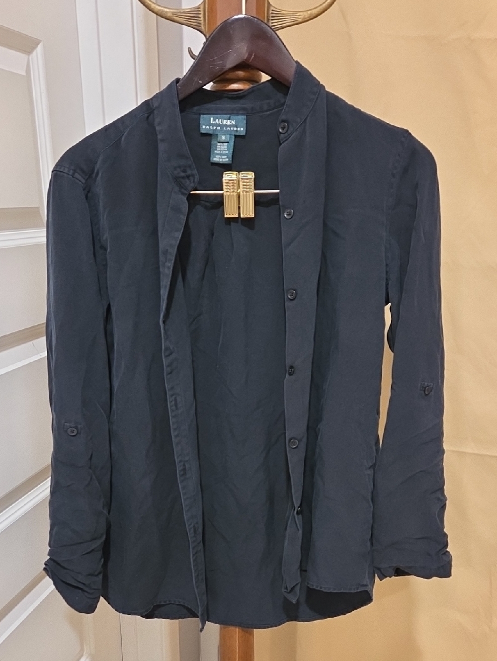 Lauren Ralph Lauren Black Silk Long Sleeve Button-Up Shirt